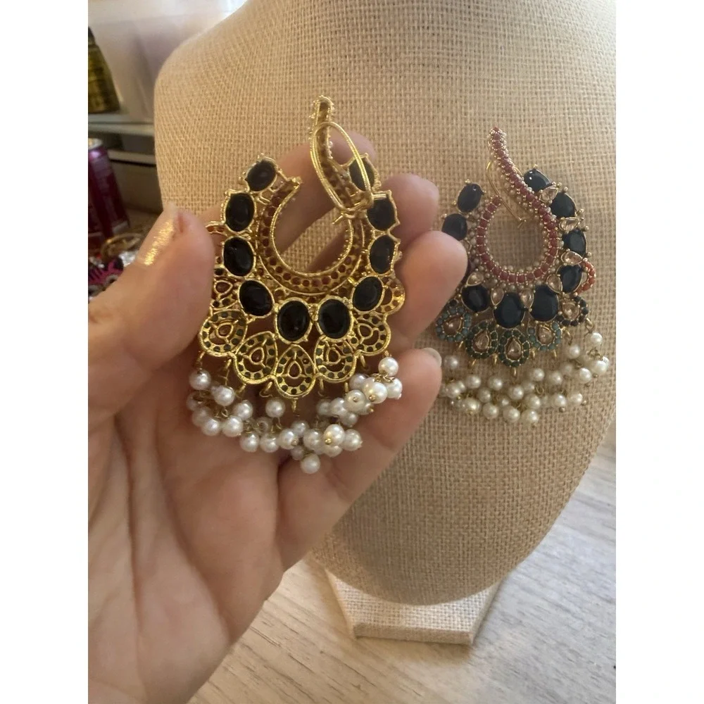 Black And Multicolor Turkish Statement Earrings Gold‎ Tone Pierced Double Lock